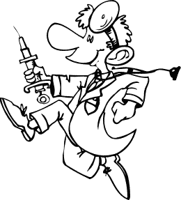 sketch of excessively happy doctor running with a hypodermic needle