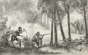 Etching of elephant in distance, man taking aim at elephant with rifle, another man preparing to stab the man with rifle.