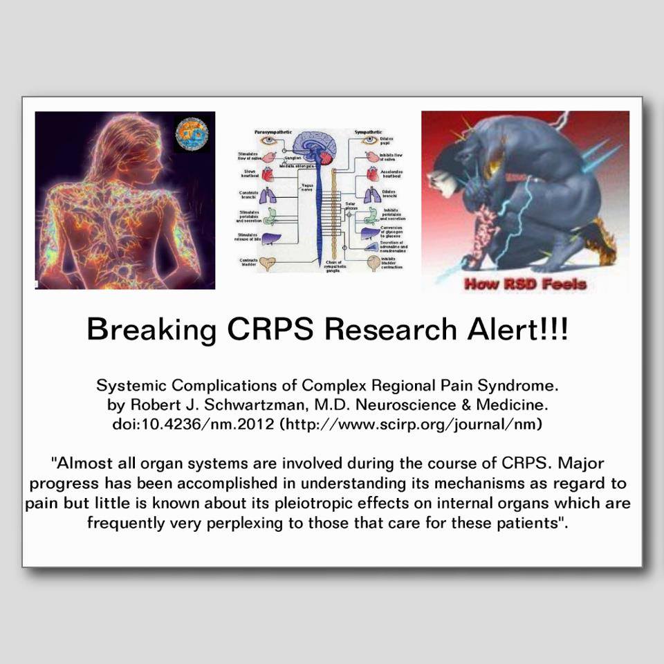 Front: three descriptive images, the center one showing the sympathetic and parasympathetic distributions, and the outer ones showing a man and woman in graphics showing what it feels like. Text below says that CRPS is systemic and research is ongoing because we still don't know the effects on all the systems involved.
