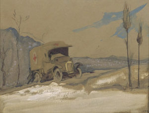 pencil and ink wash drawing of WW 1 red cross van sliding backwards off a mountain road