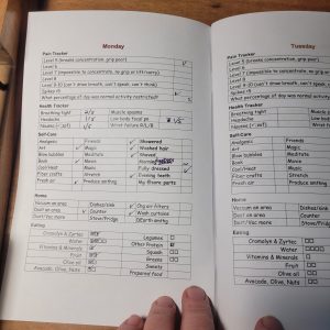Photo of a half-fold booklet, day-tracking checkboxes for tracking pain, hygeine, eating, and self-care. The first page, Monday, is filled in with tick marks in many of the boxes.
