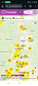 Screenshot of air quality readings. Many are yellow with readings over 50 and 2 are green with readings under 10.