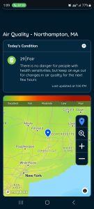 A map showing green over Massachusetts and stating that the AQI is 29 and safe for sensitive persons