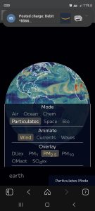 Settings are Mode Particulates, Animate Wind, and Overlay PM two point five